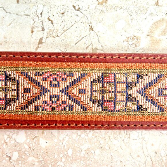 Tapestry Brown Leather Belt Womens Size L Geometric Aztec Indian Brass Buckle - Picture 3 of 8